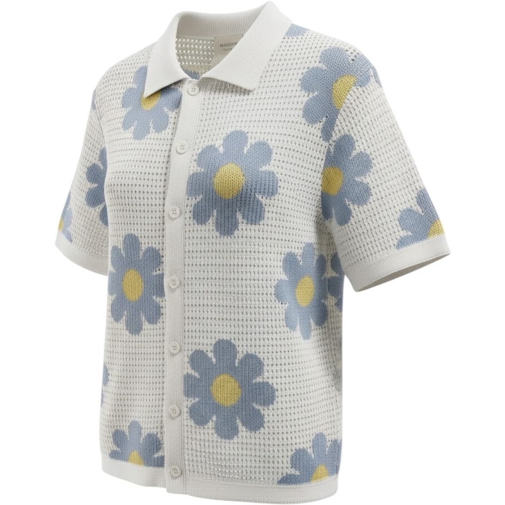 Massive Luxury Women Blue Yellow Daisy Floral Knit Button Down Shirt Medium